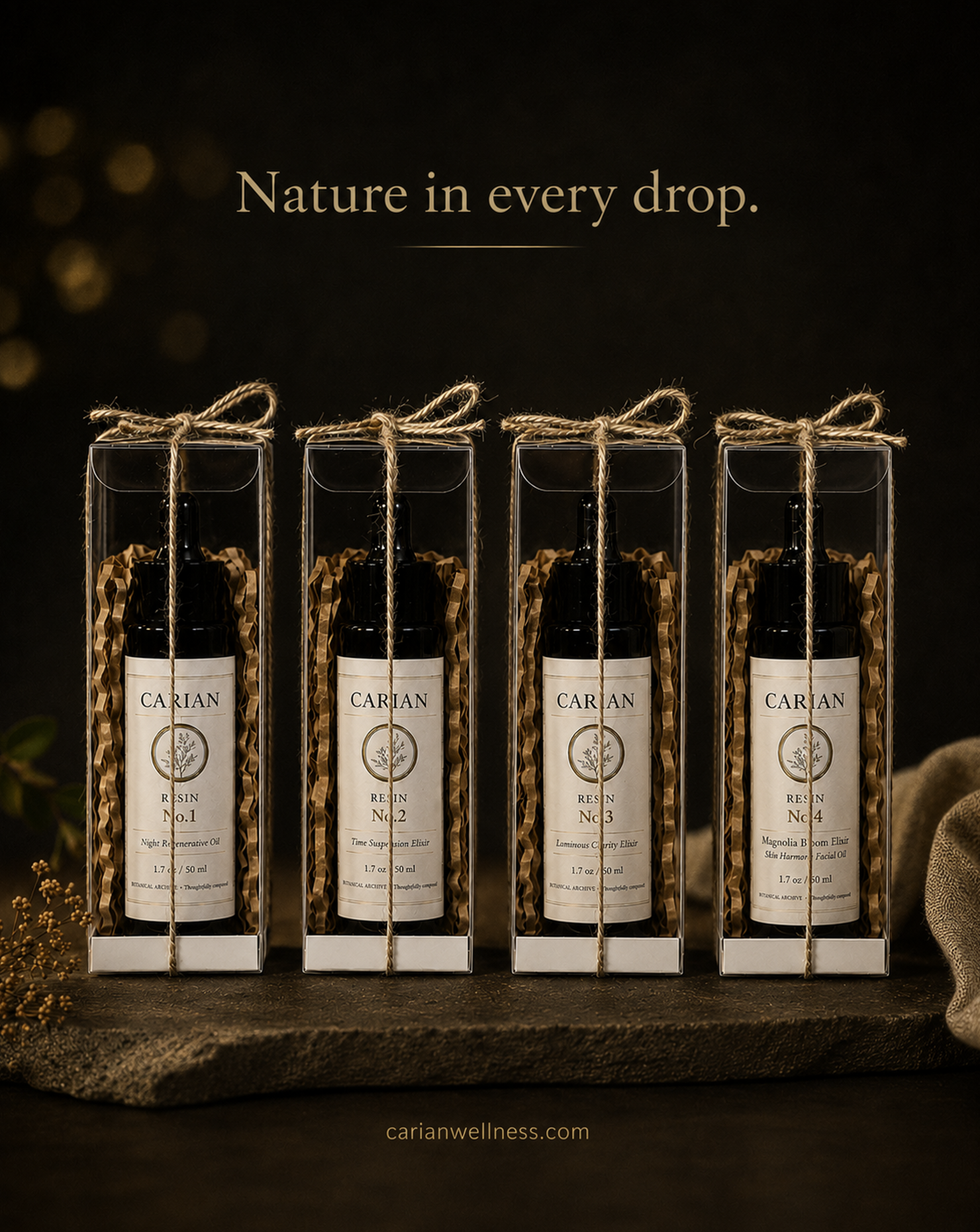 Four CARIAN RESIN dropper bottles — No.1, No.2, No.3, and No.4 — each in a clear gift box tied with twine bows, arranged on a dark stone slab against a moody background. Gold text above reads "Nature in every drop."