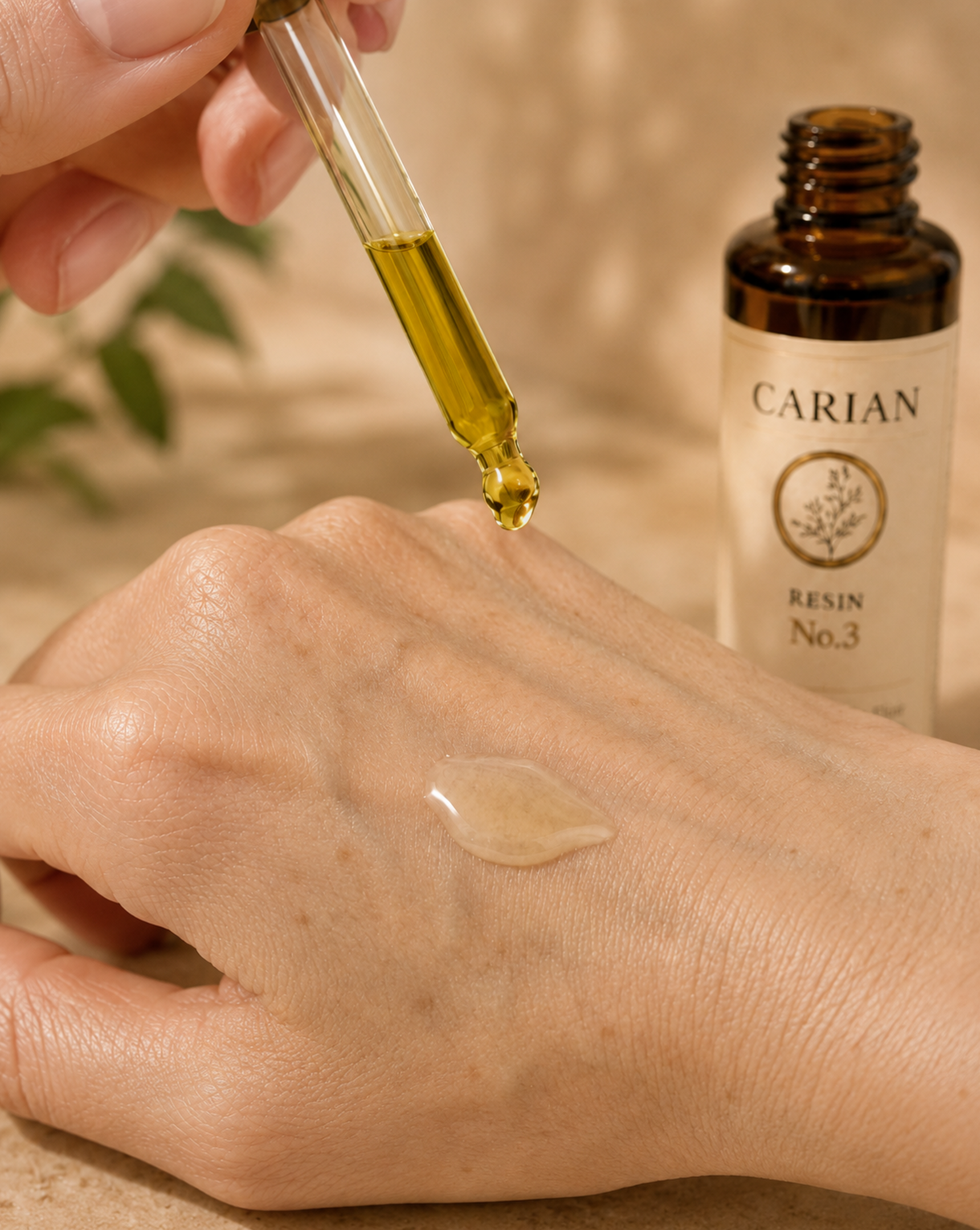 A hand holding a glass dropper releasing a drop of golden facial oil onto the back of another hand, with an amber CARIAN RESIN No.3 bottle and green leaves softly blurred behind.