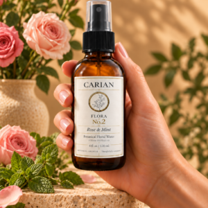 Hand holding CARIAN FLORA No.2 rose & mint floral water beside fresh peppermint and rose flowers