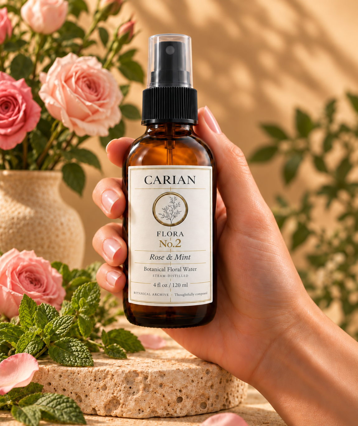 Hand holding CARIAN FLORA No.2 rose & mint floral water beside fresh peppermint and rose flowers