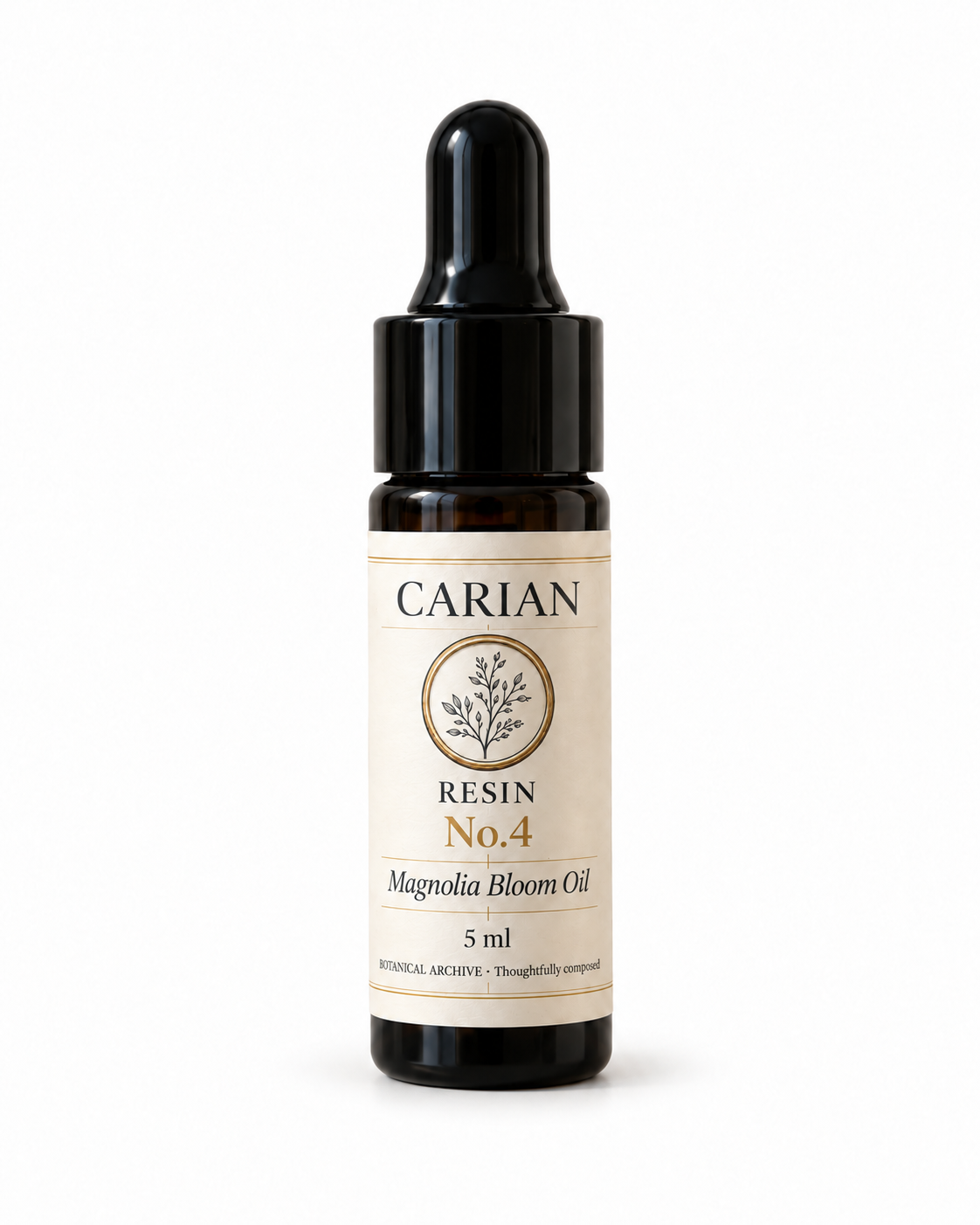 CARIAN Resin No.4 Magnolia Bloom Oil, a 5 ml amber glass dropper bottle, handmade facial oil