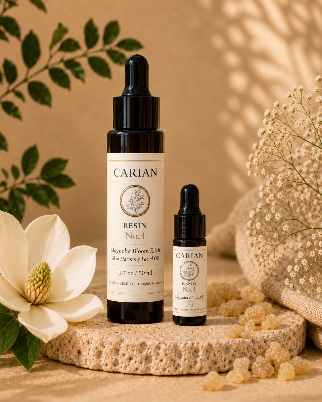 CARIAN Resin No.4 Magnolia Bloom Oil, a 5 ml and 50ml amber glass dropper bottle, handmade facial oil