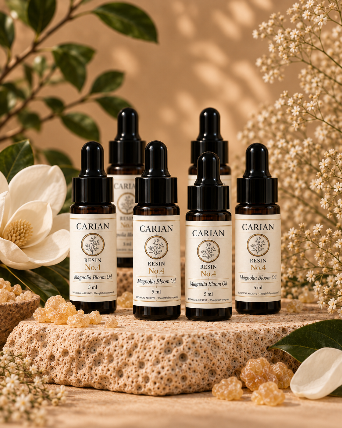 CARIAN Resin No.4 Magnolia Bloom Oil, a 5 ml_group amber glass dropper bottle, handmade facial oil